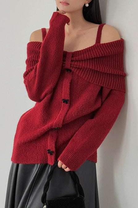 Off-Shoulder Bow Button Long Sleeve Wool Knitted Sweater