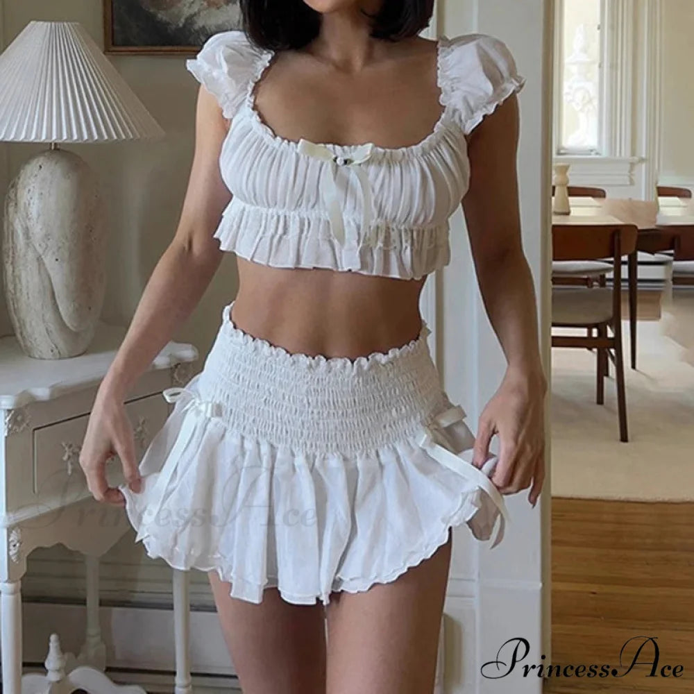 00s Cute Outfit Bow Trim Off Shoulder Crop Tops T-shirt + Ruffled Layered Mini Skirt Y2K Fairycore 2 Piece Set Women