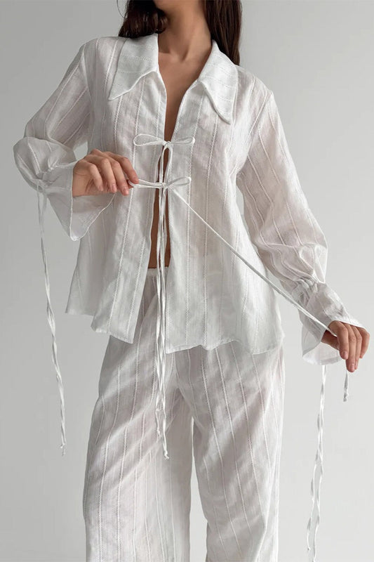 Collared Tie Front Sheer Shirt Pants Set