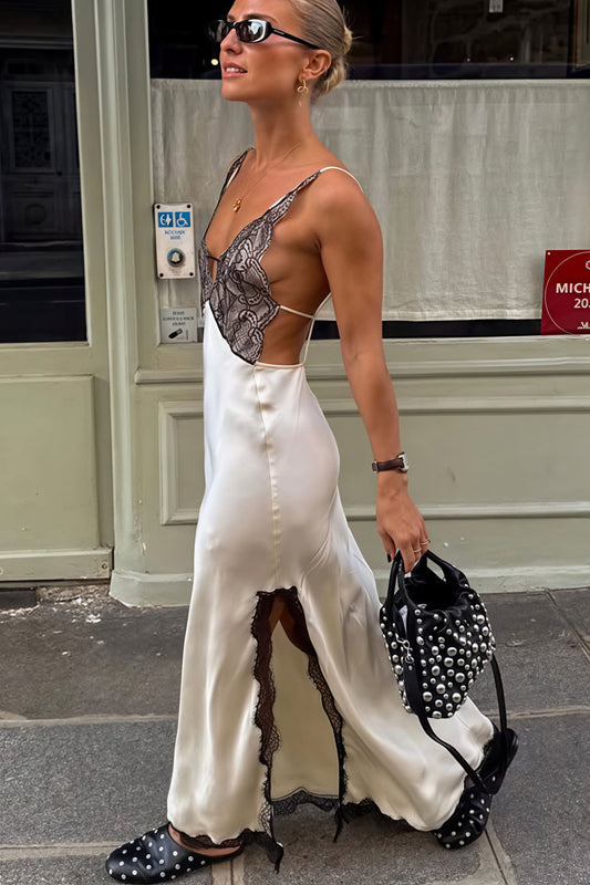 Sexy Slim Lace Patchwork Backless Satin Maxi Dress