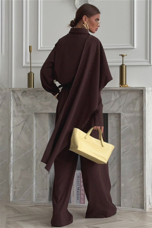 Vintage Chic Lapel Scarf Top & Wide Leg Pants Two Piece Set