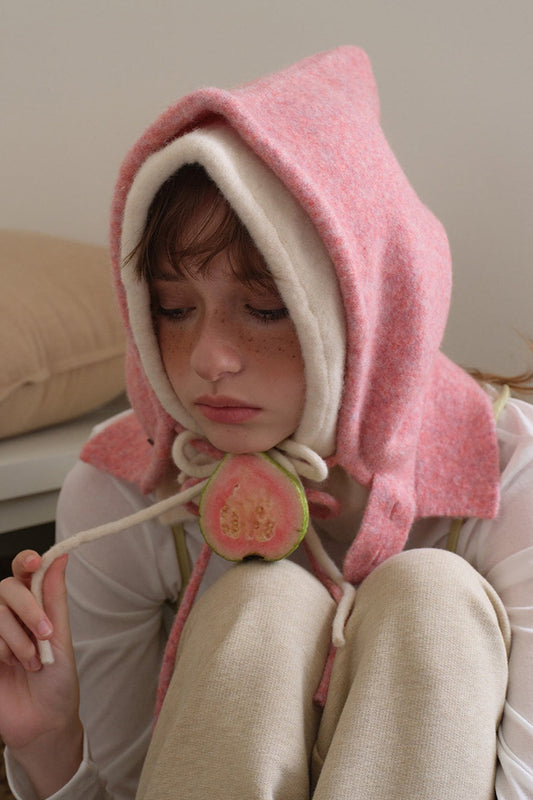 Solid Wool Drawstring Oversized Knitted Balaclava Hat