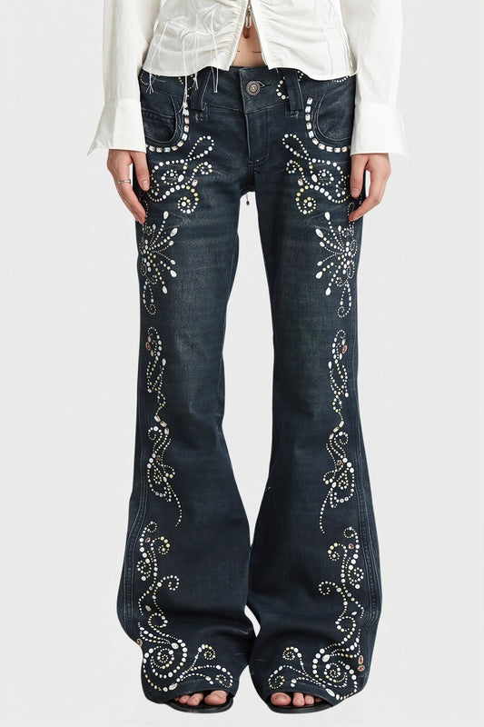 Ornate Scroll Print Washed Flare Jeans