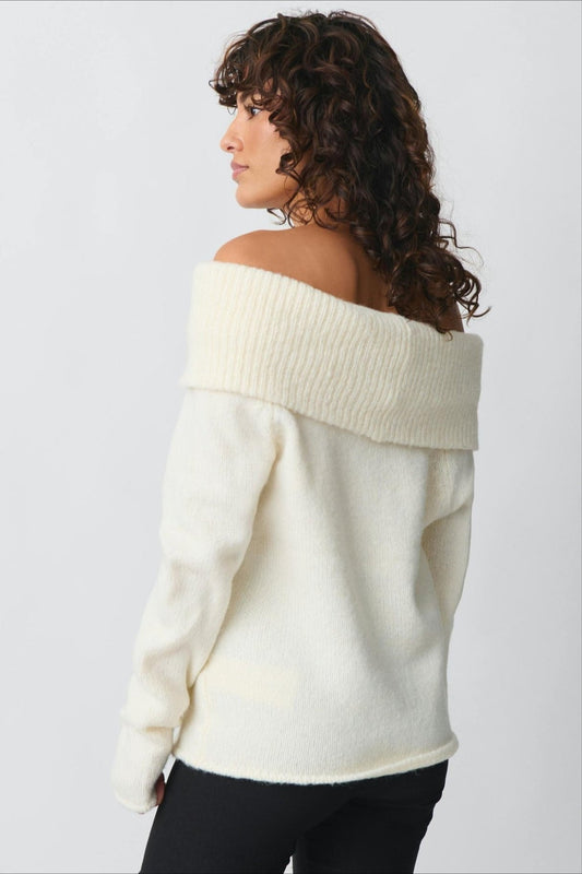 Foldover Collar Off Shoulder Fitted Sweater