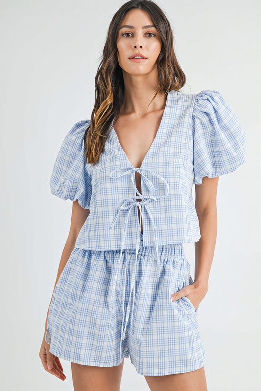 Bow Tie Puff Sleeve Plaid Two Piece Set