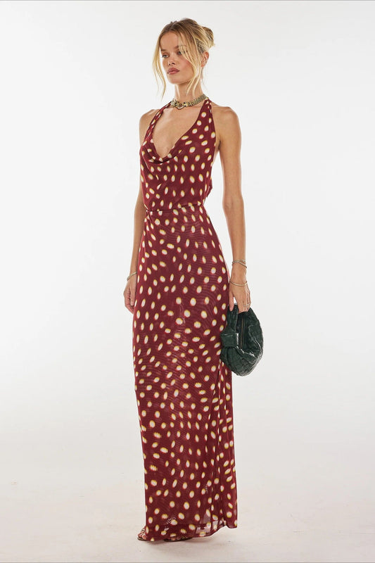 Polka Dot Print Halter Waist Tie Maxi Dress