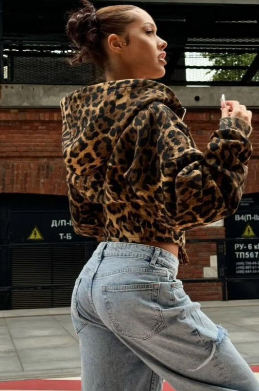 Street Style Leopard Print Hoodie Coat