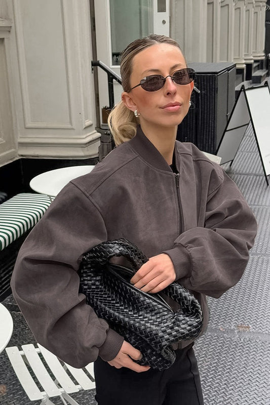 Retro Gray Suede Bomber Jacket