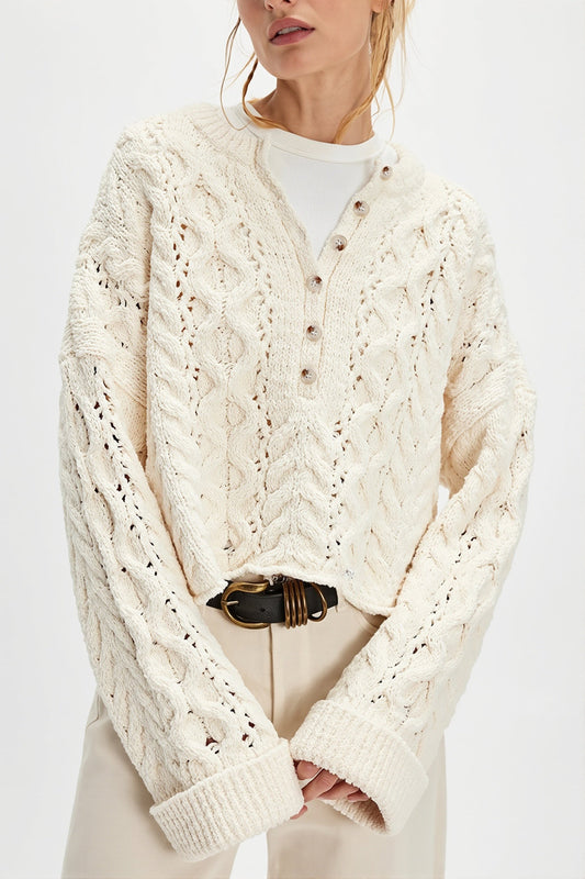 Button Detail Cable Knit Crew Neck Sweater