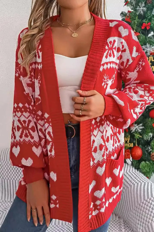 Deer Pocket Lantern Sleeve Christmas Cardigan