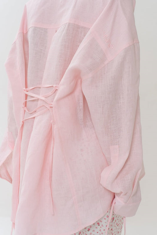 Pink Structured Tie-Waist Long Sleeve Blouse
