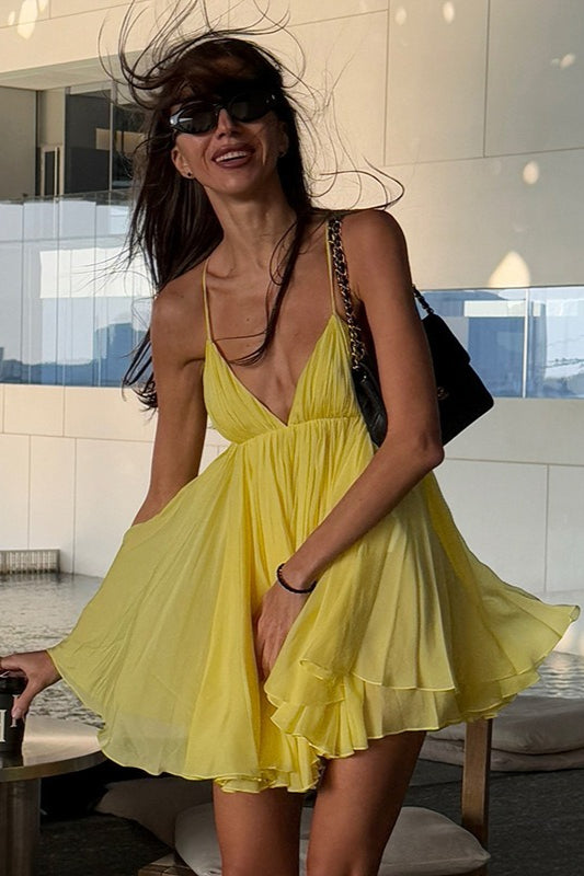 Solid Loose Flowy High Waist V Neck Cami Mini Dress