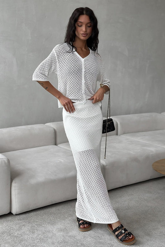 Openwork Collared Cardigan Maxi Skirt Set