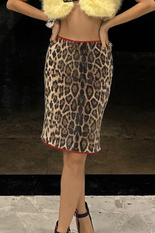 Stretchy Short Leopard Print Sequin Statement Skirt