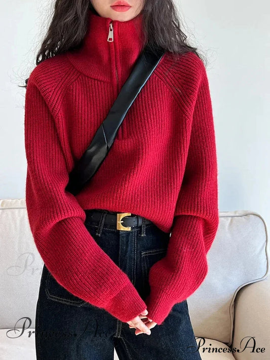 100% Cashmere Semi-TurtleNeck Loose Thick Red Knit Christmas Sweater Red / S