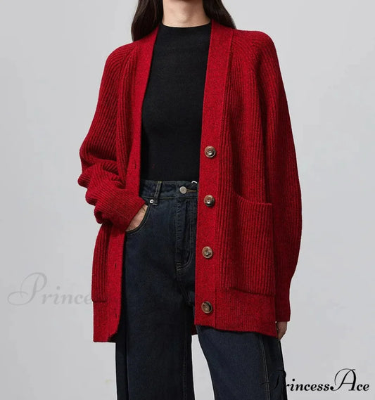 100% Merino Wool V-Neck Thicken Cardigan red / M