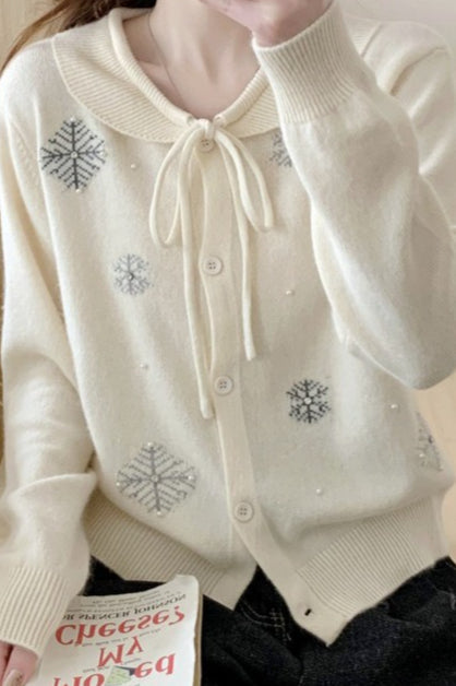Beaded Snowflake Tie Collar Cardigan