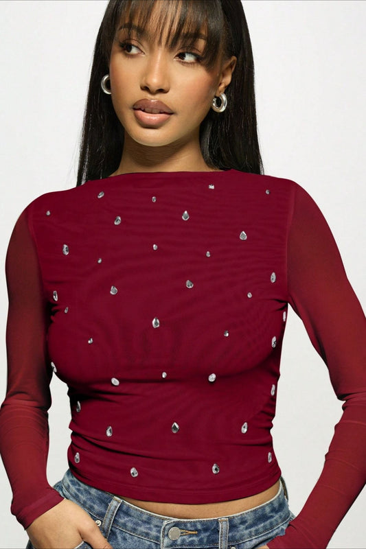Rhinestone Ruched Mock Neck Mesh Top