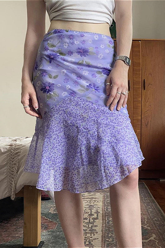Floral Purple Patchwork Asymmetrical Tulle High Waist Skirt