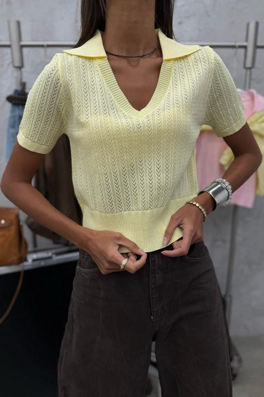 Minimalist Solid V Neck Knit Crop T-shirt