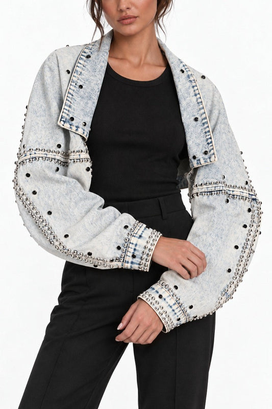 Rhinestone Studded Cropped Denim Jacket