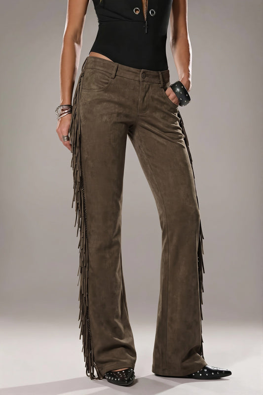 Side Fringe Suede Look Wide Leg Pants