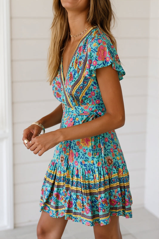 Mini V Neck Floral Print Boho Dress