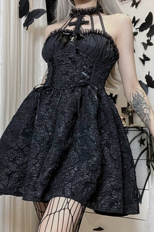 Solid Halter Puff Gothic Dress