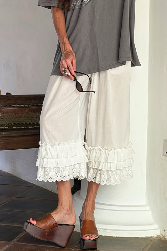 Cotton Ruffle Cropped Capri Pants