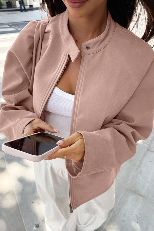 Stand Collar Suede Long Sleeve Jacket