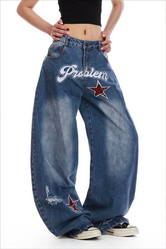 Star Embroidered Baggy Jeans