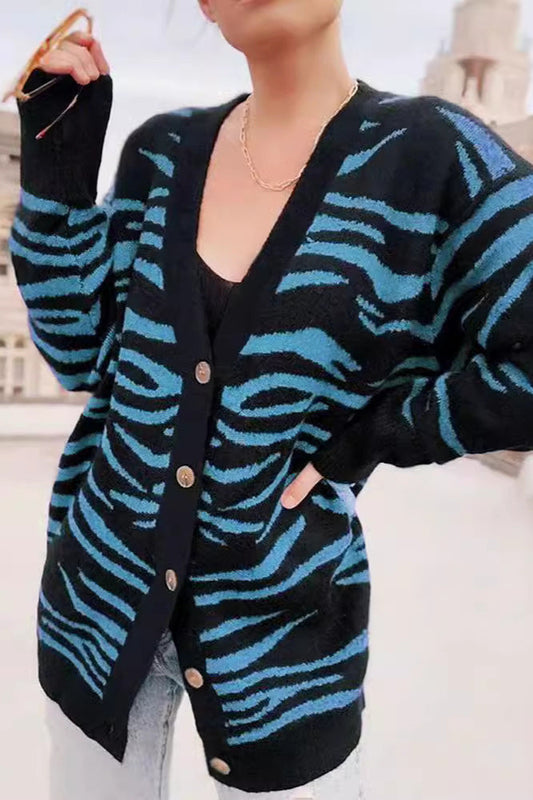 Casual Buttoned Zebra Knit Cardigan
