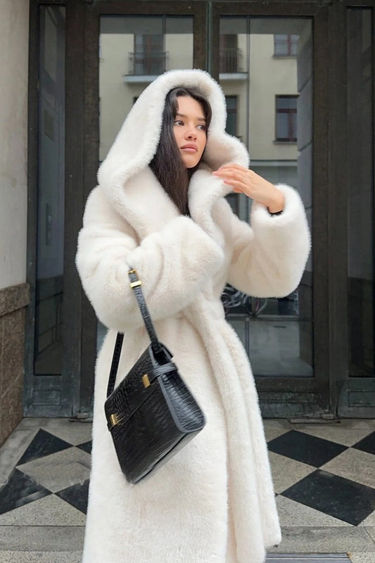 Faux Mink Fur Long Hooded Belted Plush Overcoat