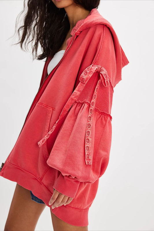 Oversized Lace Up Sleeve Zip Hoodie