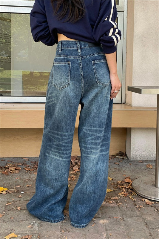 Vintage Washed Whisker High Waist Loose Jeans