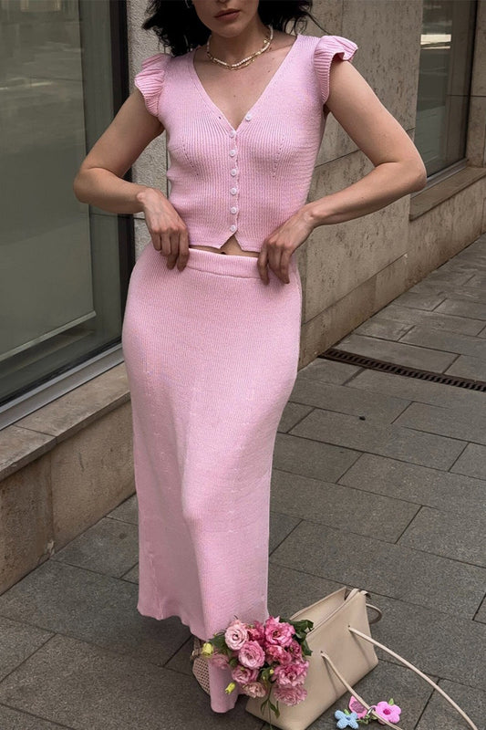 V Neck Flutter Sleeve Knit Top Maxi Skirt Set