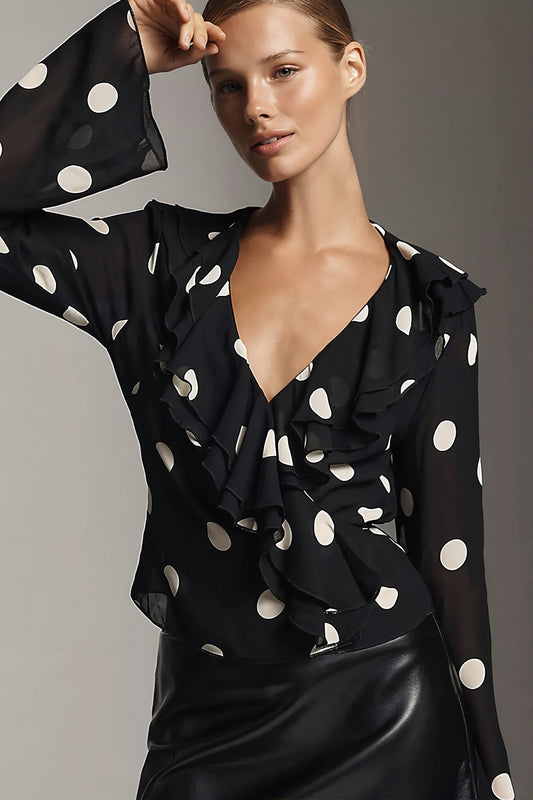 Polka Dot Ruffle Wrap Blouse