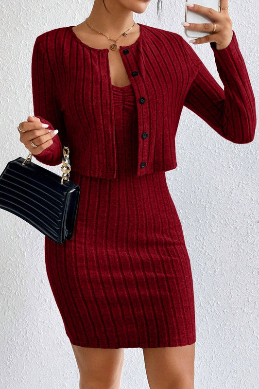 Elegant Solid Slim Crop Cardigan Dress Two Piece Set