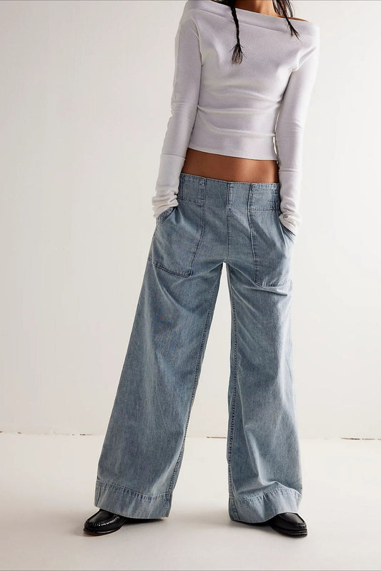 Ruched Elastic Waist Wide Leg Jean