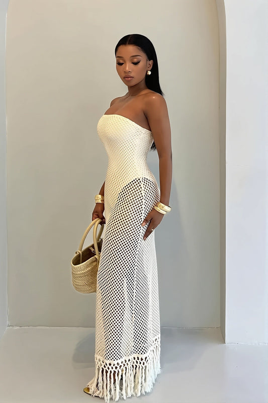 Solid Hollow Out Knitted Slim Vacation Maxi Dress