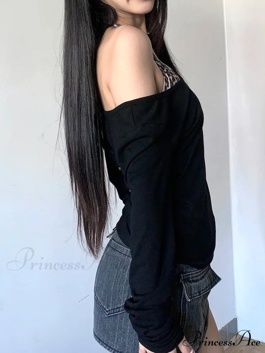 2 Piece Cheetah Skew Collar Long Sleeve Tee and Halter Bra Set knittop-250126