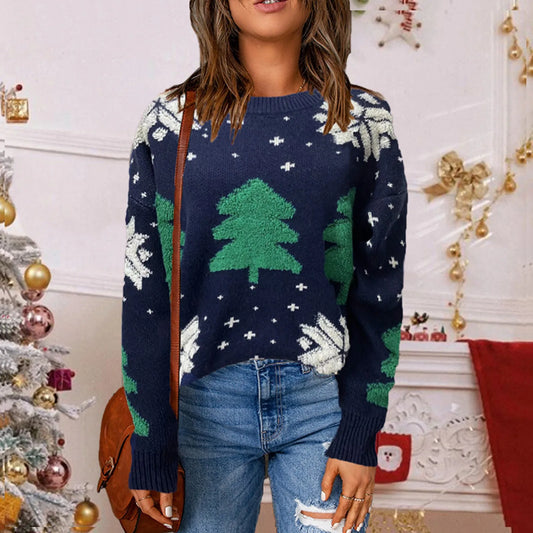 Autumn Winter Knitted Spliced Vintage Loose Round Neck Long Sleeve Christmas Sweater Blue / S
