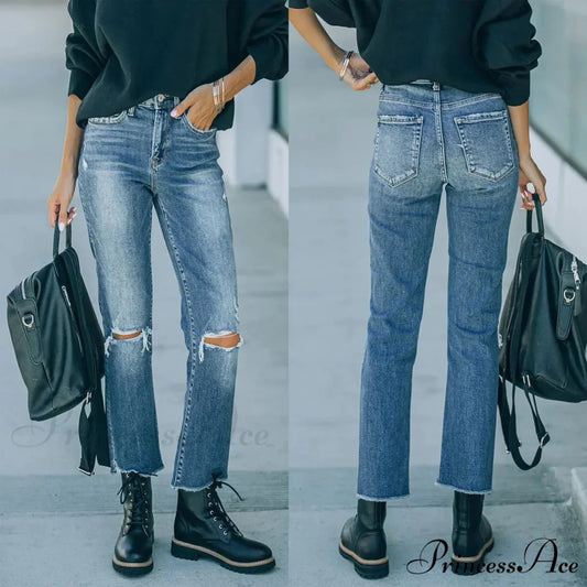 2024 Blue New Hole Straight Women’s All-Match High Waist Casual Ladies Washed Jean Blue / S