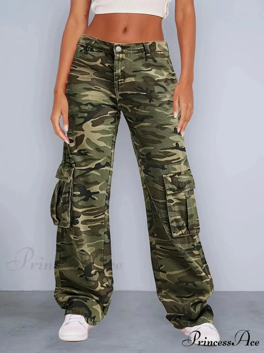 2024 Camouflage Women’s Cargo High Wist Vintage Baggy Denim Straight Casual Fashion Jean Army green / S