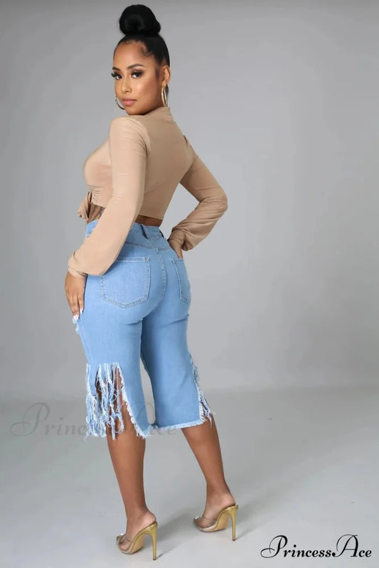 2024 Elastic Tassle Flare Knee Length Denim Pants Women Sexy Fashion High Waist Hole Ripped High Street Trousers Jean