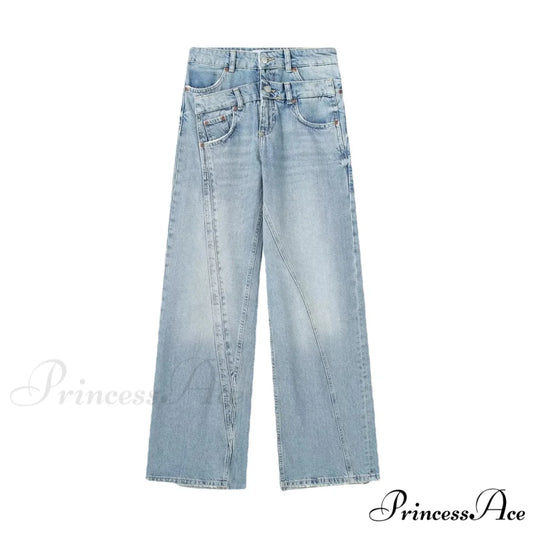 2024 Female Fashion Patchwork Denim Pant High Waist Vintage Women Casual Street Slim Wide Leg Long Jean Denim Blue / XS