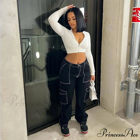 2024 High Waist Elastic Loose Black Comfortable For Casual Fashion Female Baggy Denim Jean Black / S