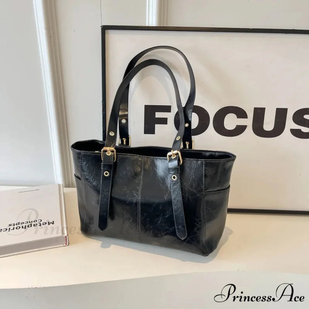 2024 Korean Vintage Faux Leather Shoulder Bag Black shoulder-250126