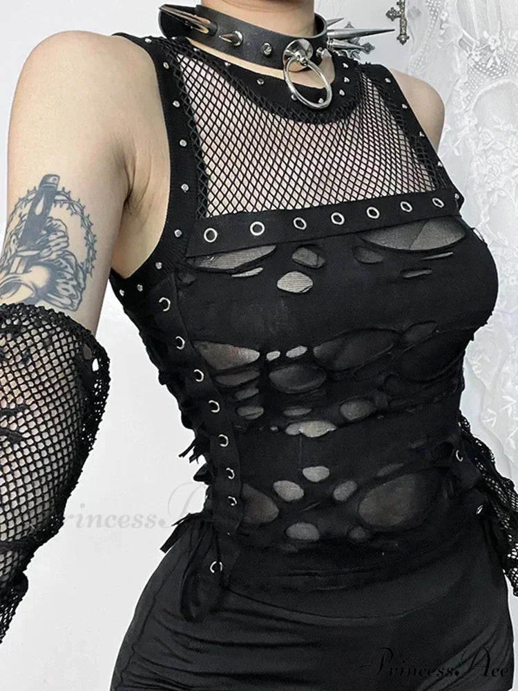 2024 Mall Gothic Sexy Hole See Through Lace-up Streetwear Cyber Punk Rave Fashion Crop Top Just Tops / S