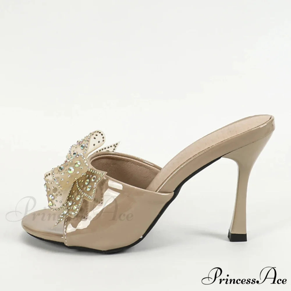 2024 New Arrivals Patent Leather Women Slippers Sandals Peep Toe Crystal Mesh Bowknot High Heels Summer Party Shoe